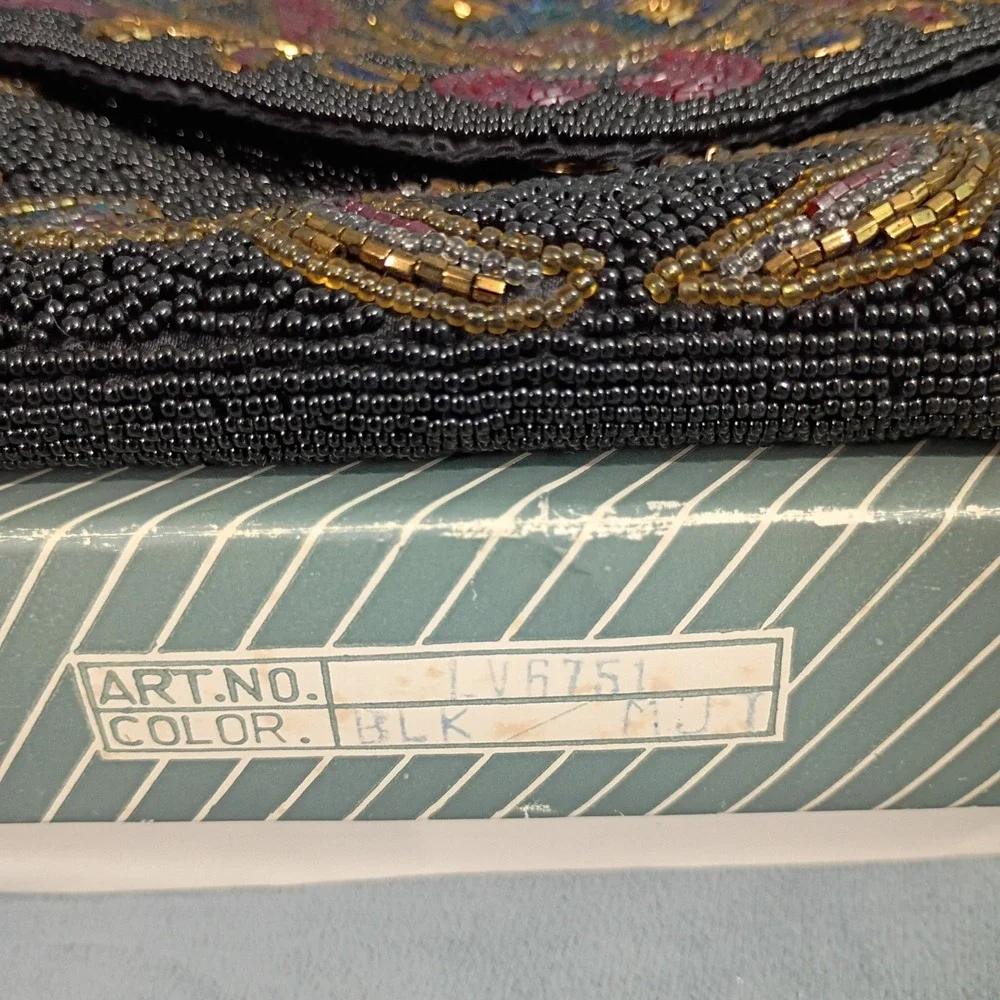 Lillian Vernon Vintage Beaded Evening Bag Black Floral Crossbody Clutch LV6751